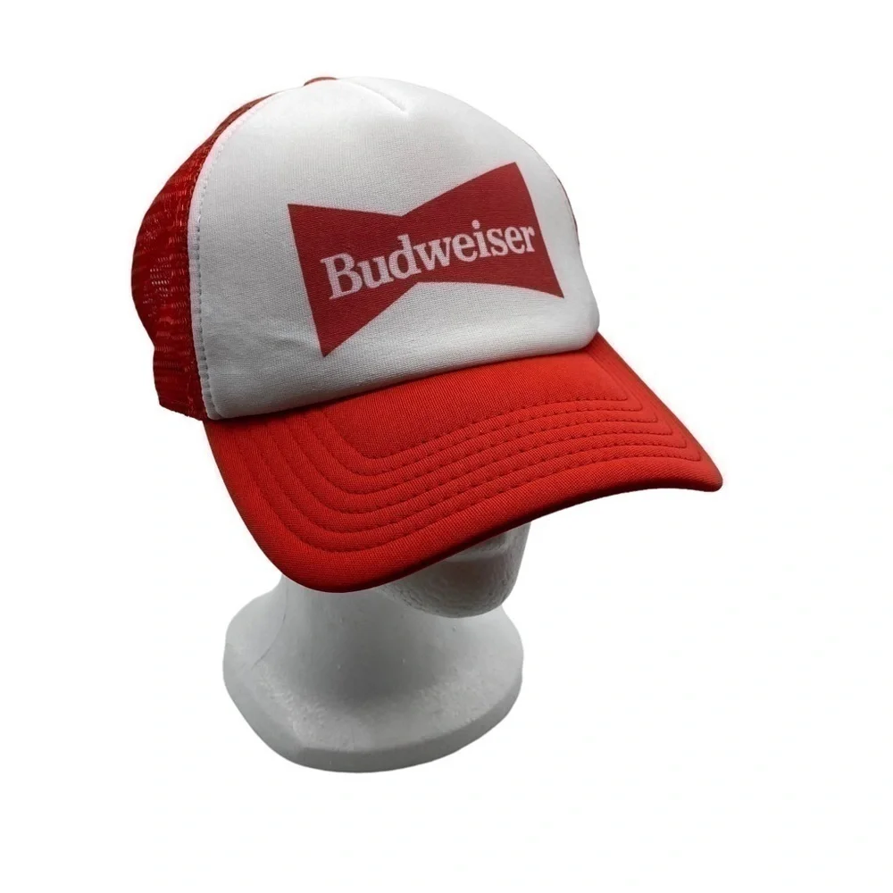 Budweiser Mens Truckers Hat Baseball Cap Mesh Red White Logo Snapback Mesh